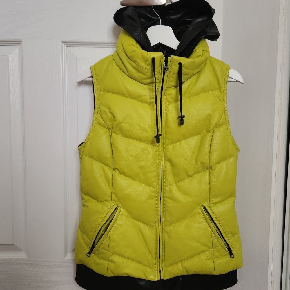 Blink leather Down filled vest, greenish yellow and black Women's XS